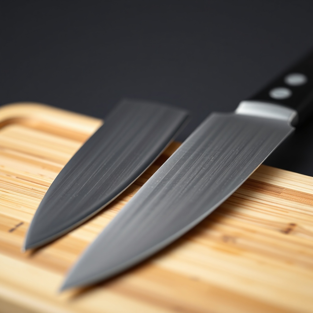 셰프 나이프의 곡선형 칼날과 산토쿠의 평평한 칼날 형태를 가까이서 비교하여 보여주는 모습