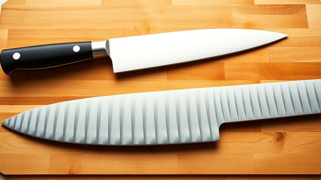 나무 도마 위에 나란히 놓인 서양식 셰프 나이프와 일본식 산토쿠 식도의 모습