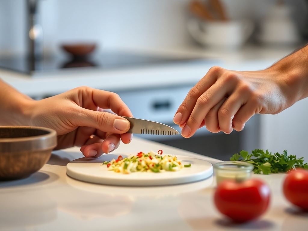 작은 식재료의 불필요한 부분을 다듬기 위해 페어링 나이프를 정밀하게 조작하는 손길