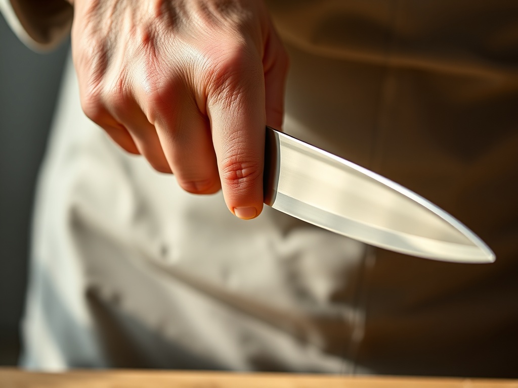 올바른 파지법으로 칼을 쥐고 있는 손의 모습